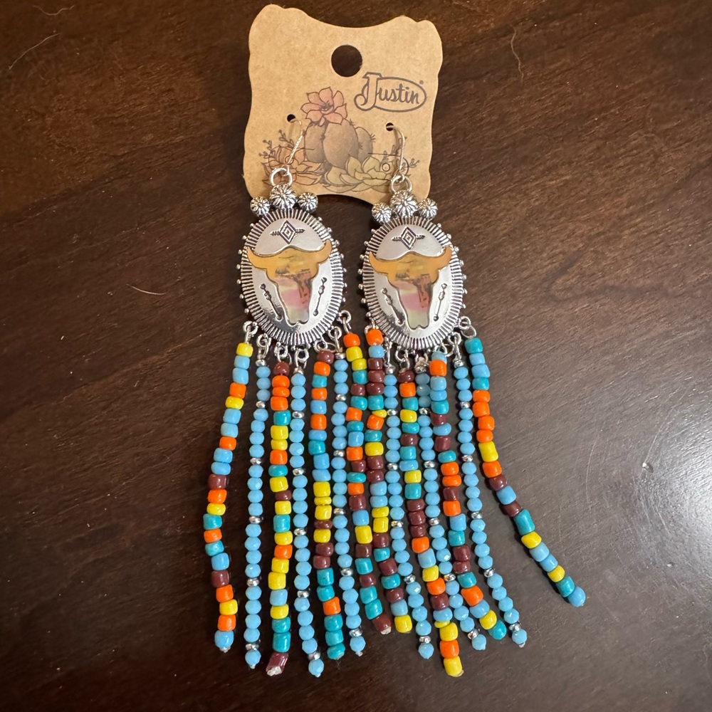 Justin Western Style Silver and Multicolor Beaded Earrings